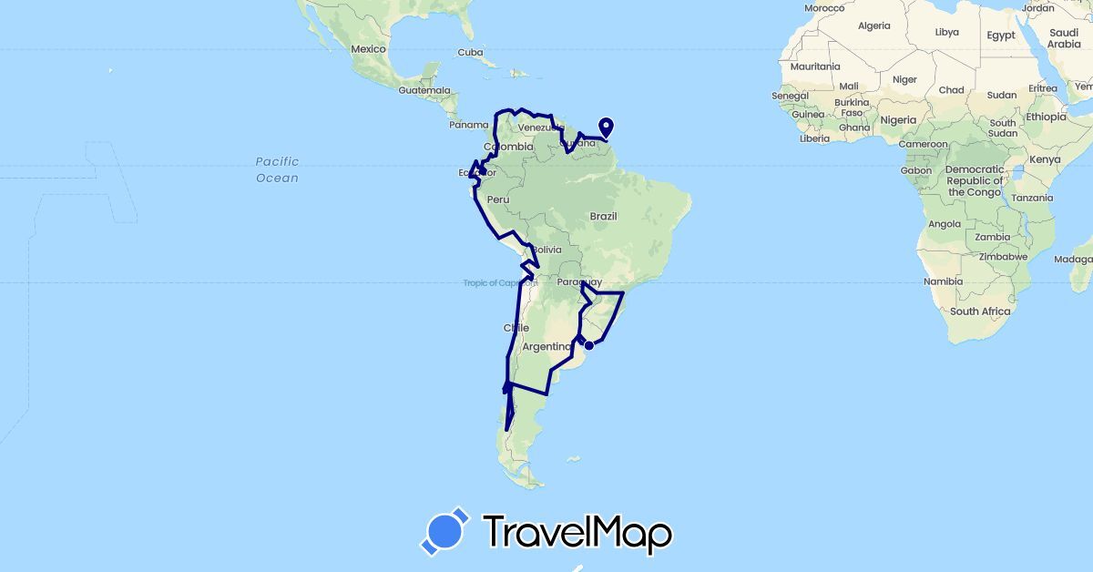 TravelMap itinerary: driving in Argentina, Bolivia, Brazil, Chile, Colombia, Ecuador, France, Guyana, Peru, Paraguay, Suriname, Uruguay, Venezuela (Europe, South America)