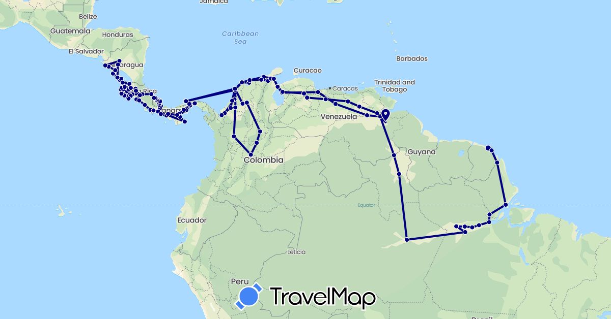 TravelMap itinerary: driving in Brazil, Colombia, Costa Rica, France, Nicaragua, Panama, Venezuela (Europe, North America, South America)